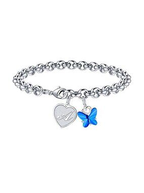 Initial Charm Bracelet Butterfly Crystal Heart Adjustable Jewelry Gift Box